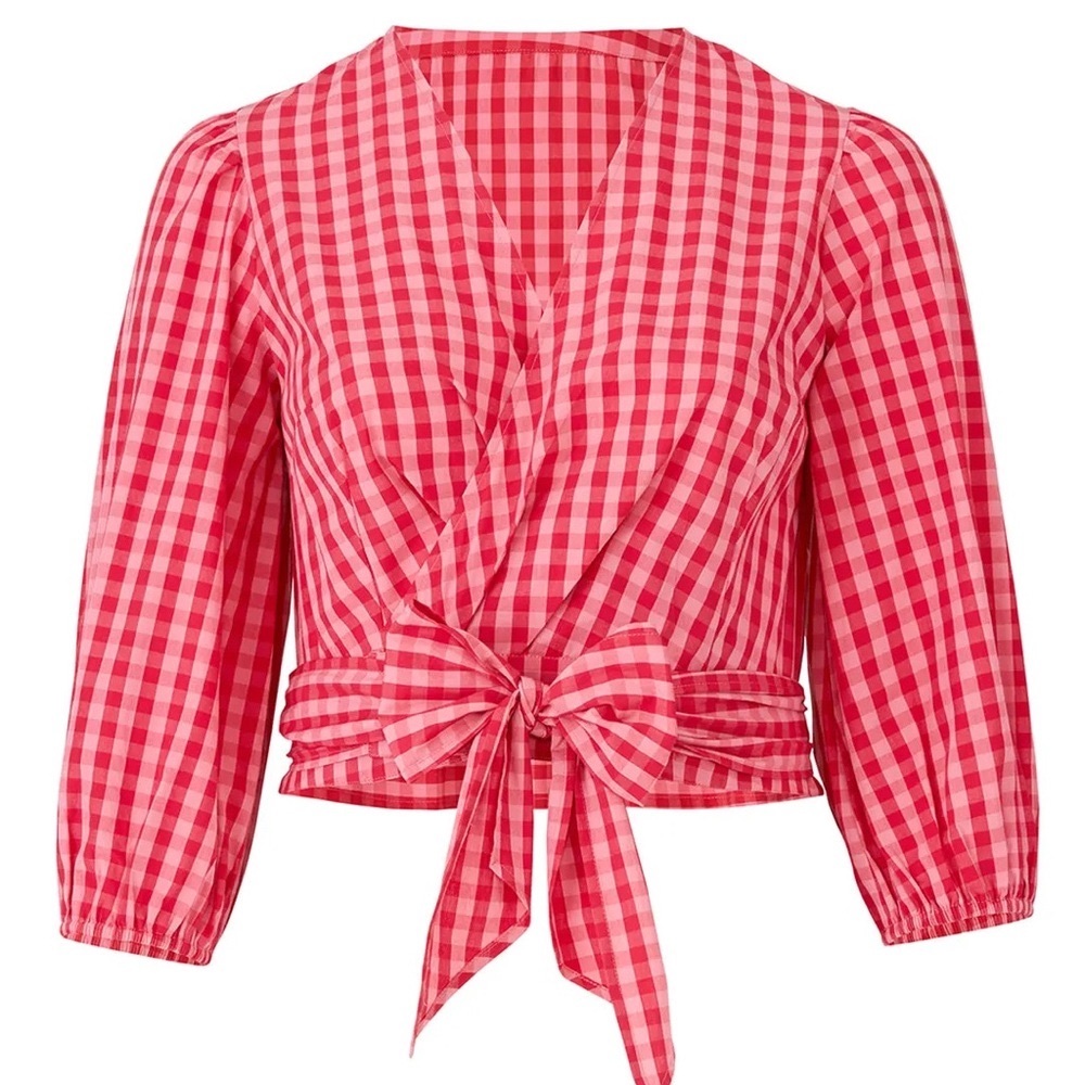 Draper James Top/Blouse Eloquii Pink Gingham Wrap Top